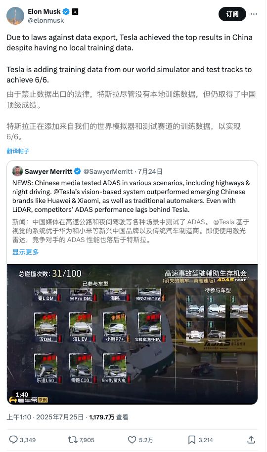 马斯克：特斯拉在中国测试第一！懂车帝：没有排名 image 1