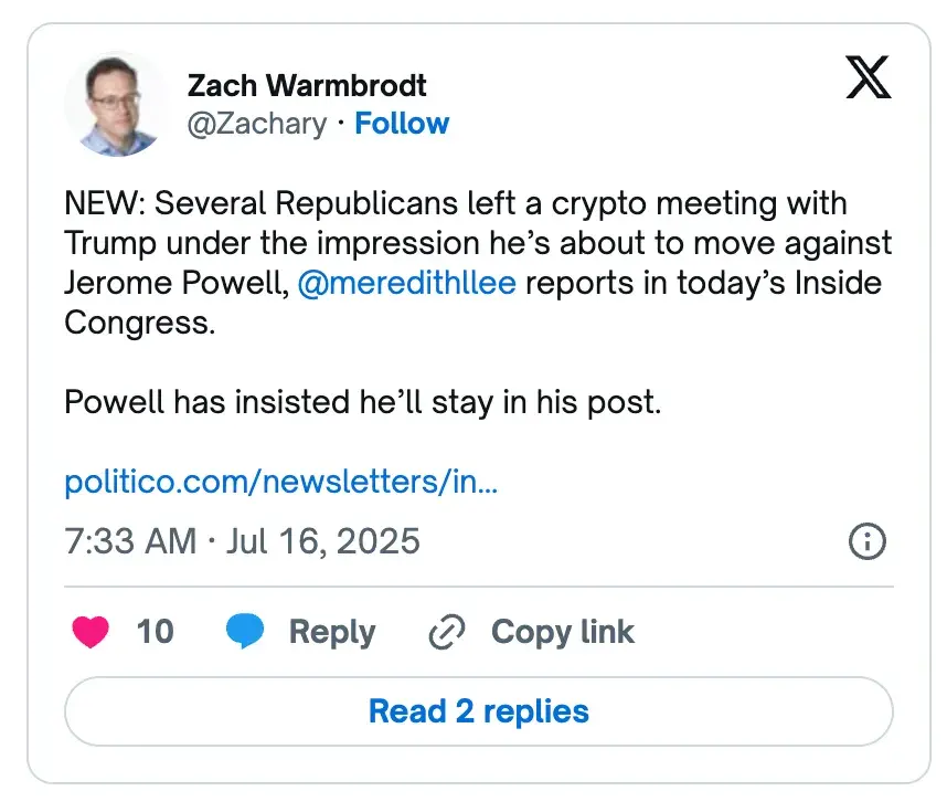 对话Polymarket交易员：为何押注25万美元认定特朗普不会解雇鲍威尔？ image 3