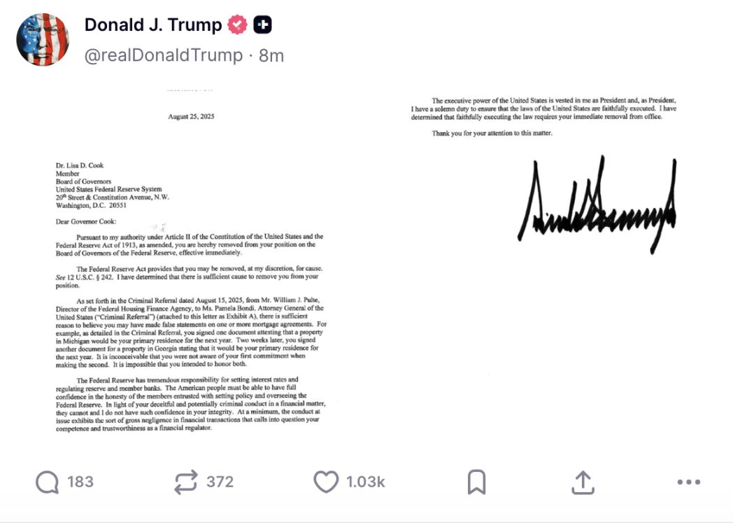 历史第一次！特朗普「开除」现任美联储理事，「掌控美联储」计划迈出又一步 image 0