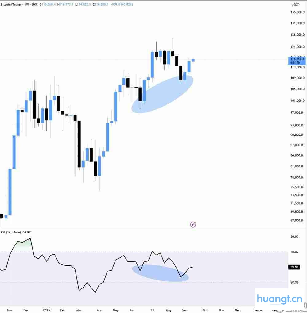 带有RSI数据的BTC/USDT周线图